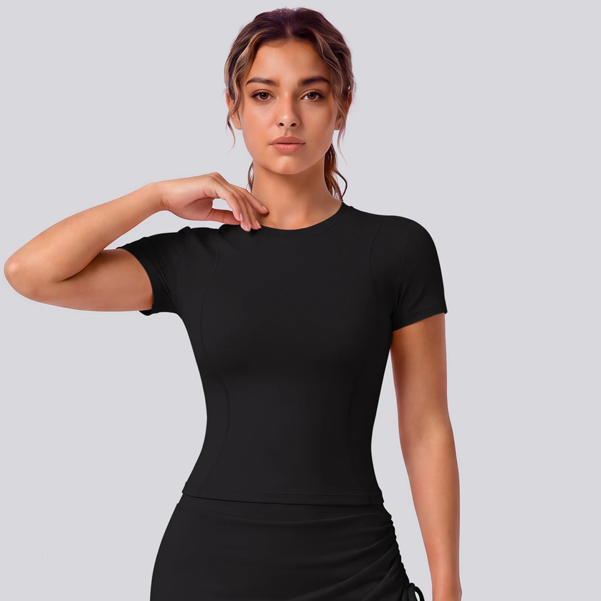 Rooftrellen Schnelltrocknendes Enges Yoga-T-Shirt für Damen, Kurzarm, Einfarbig, Atmungsaktives Sport-Top für Fitness und Yoga – Detail 17