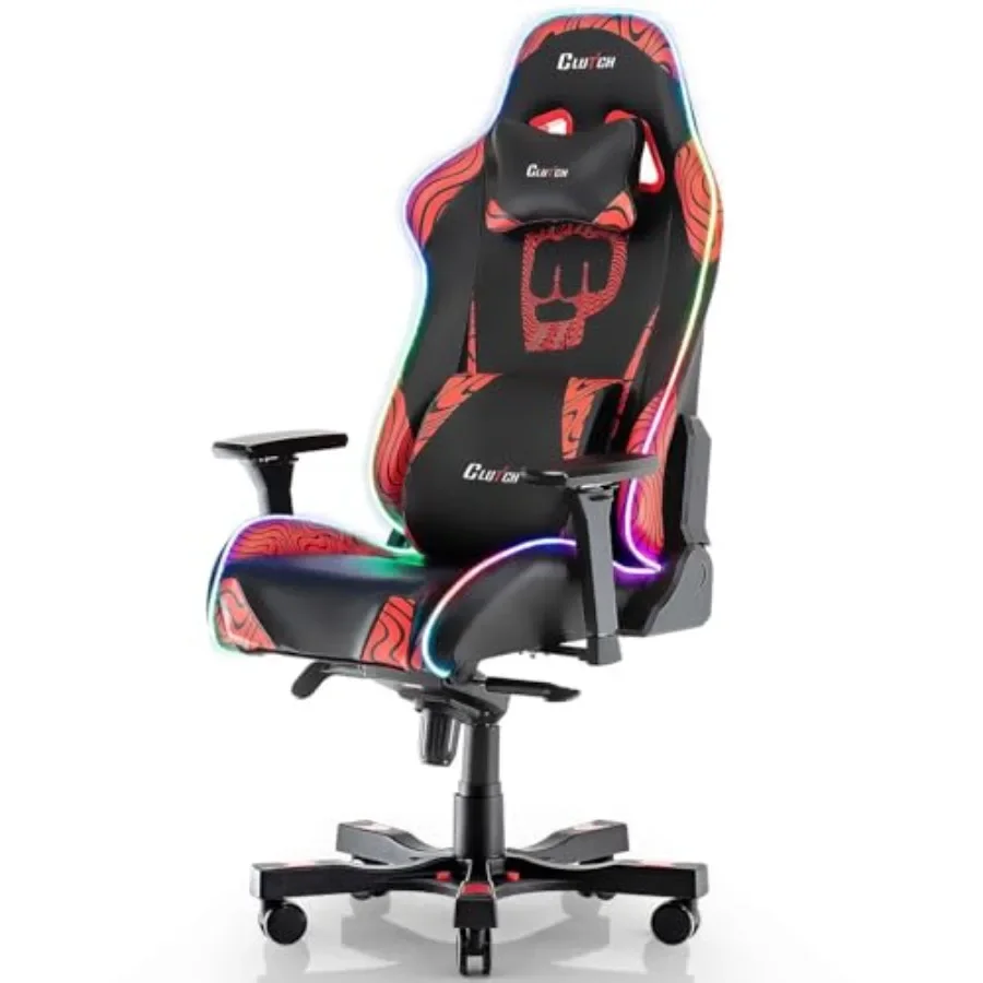 Gaming chair for esports and streaming, premium PU leather, black/red color, with LED lighting and ergonomic lumbar/head suppor