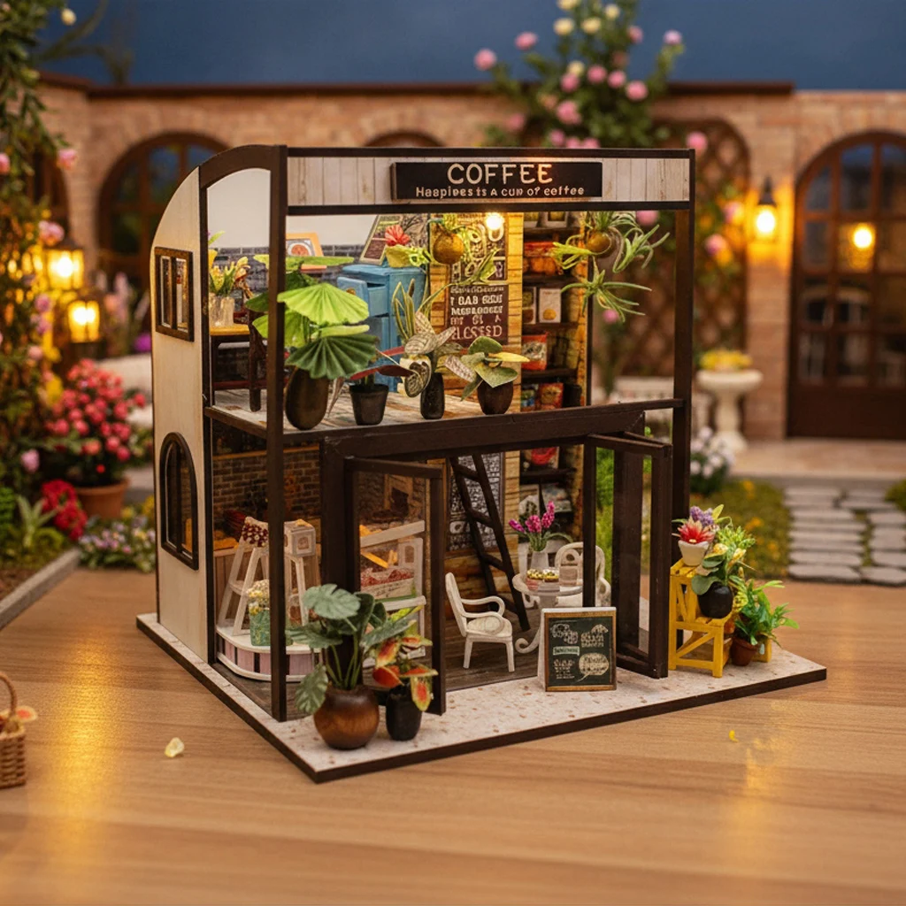 

OUZEY 3D Wooden Dollhouse DIY Kit - “Cozy Cafe” Miniature Model with Furniture, Creative Building Toy & Gift