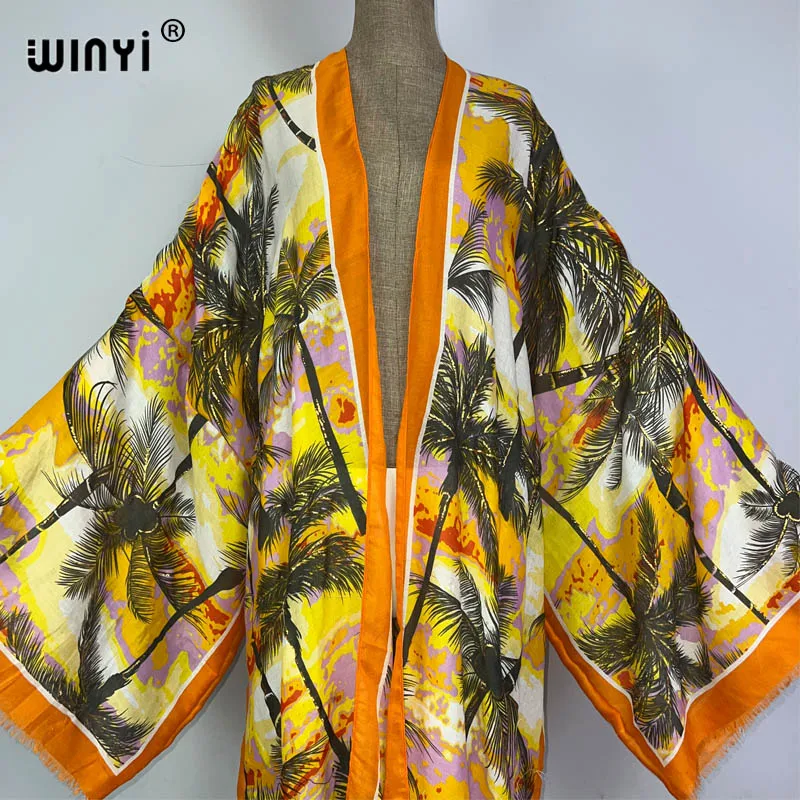 WINYI kimono autumn gild print kaftans beach cover ups for women Elegant Cardigan sexy Africa coat beach outfits long down dress