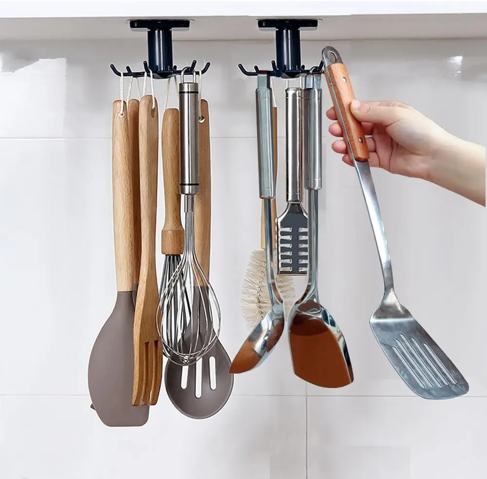 

2pcs 360° Rotating Under Cabinet Hooks, Adhesive Kitchen Utensil Organizer for Tools and Towels (Black)
