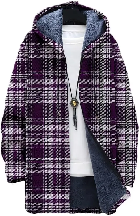 Men's Plaid Cardigan Oversized Zip Up Hoodie Fleece Lined Zipper Sherpa Winter Comfy Jacket Coats with Pockets