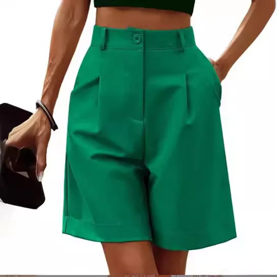 Women Casual Shorts High Waist Elastic Waist Wide Leg Knee Length Summer Shorts with Pockets
