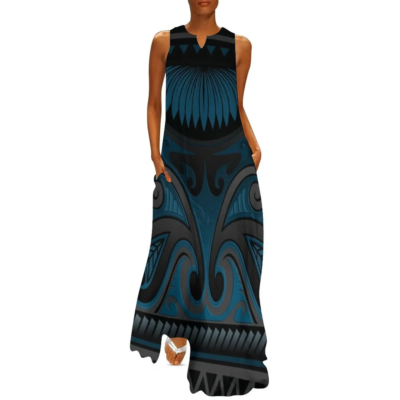 Blue Grey Ornate Māori Design, New Zealand Long Dress party dresses woman dresses for womens