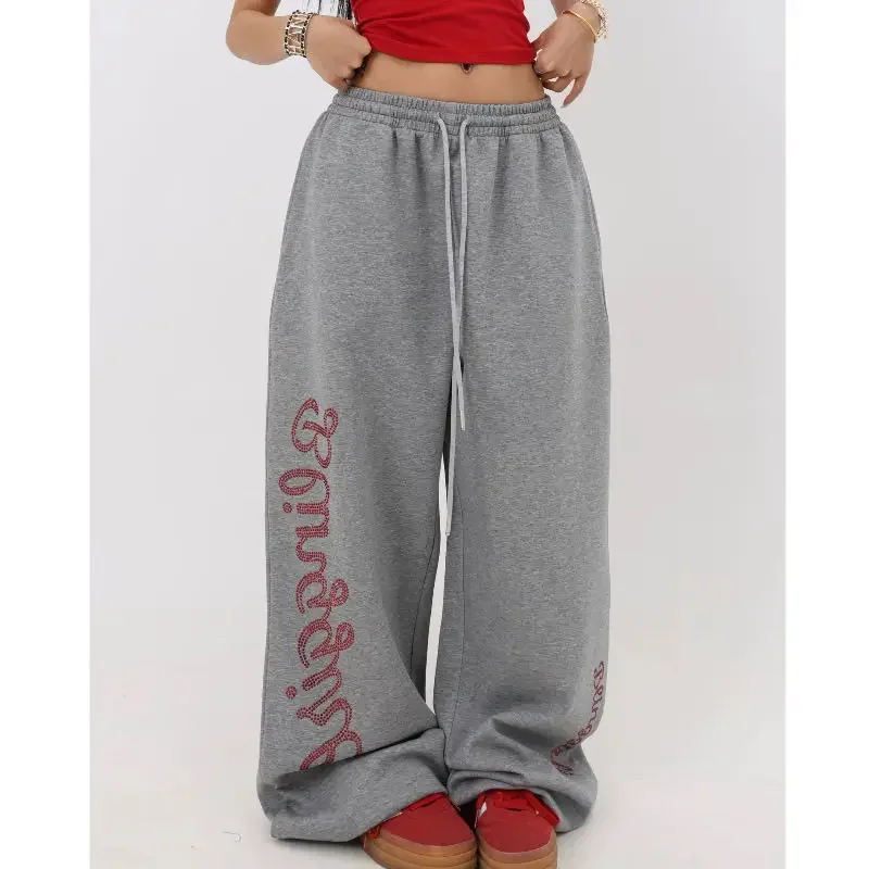 

American Hot Diamond Letters Hip Hop Jazz New Trendy Loose Pants Women Retro Casual Oversize Sweatpants Wide-Leg Streetwear