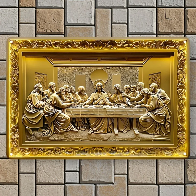 

Christian-art Aluminum Sign: Exquisite Golden Relief Artwork of The Last Supper, Great for Spiritual Home Decor, 7.9x11.8"