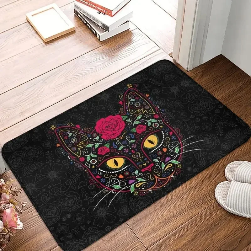 

Day of The Dead Kitten Cat Sugar Skull Front Floor Door Entrance Mats Outdoor Mexican Halloween Floral Doormat Garden Carpet Rug