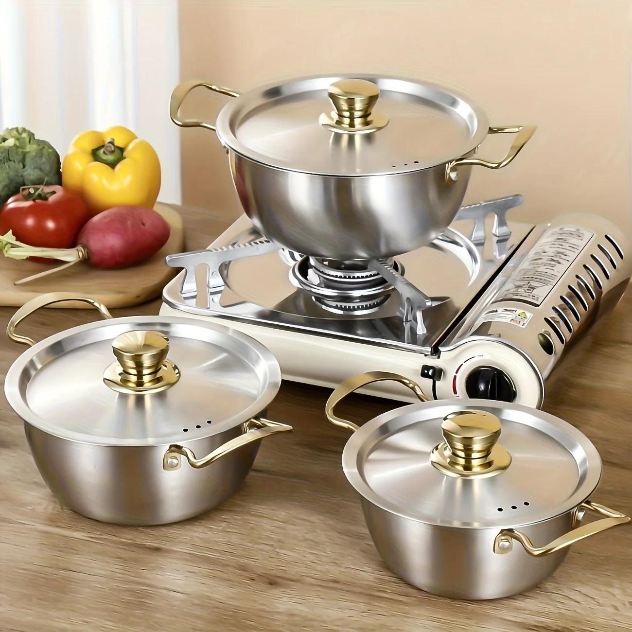 3-part stainless steel pan, 18cm/20cm/22cm size, Korean style, with double-handle, for the kitchen