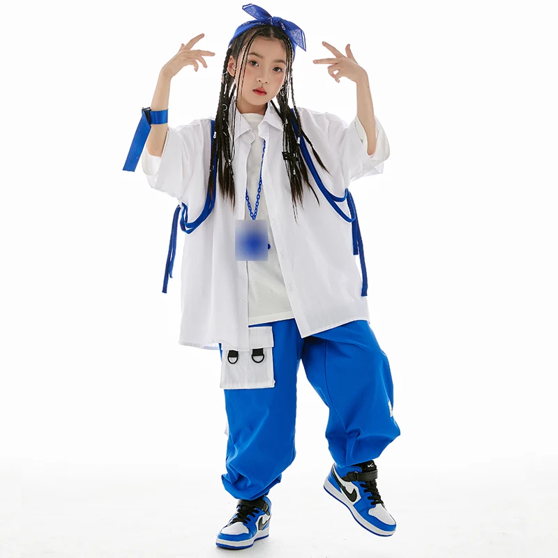 Children Hip Hop Costume Street Dance Outfits Fashion White Shirt Blue Pants Boys Hiphop Performance Clothes Girls Wear BL10892