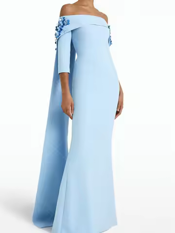 Custom Made Elegant Boat Collar Satin High Quallity Evening Dress Sheath Backless Flowers Bridal Party Dress with Half Sleeve