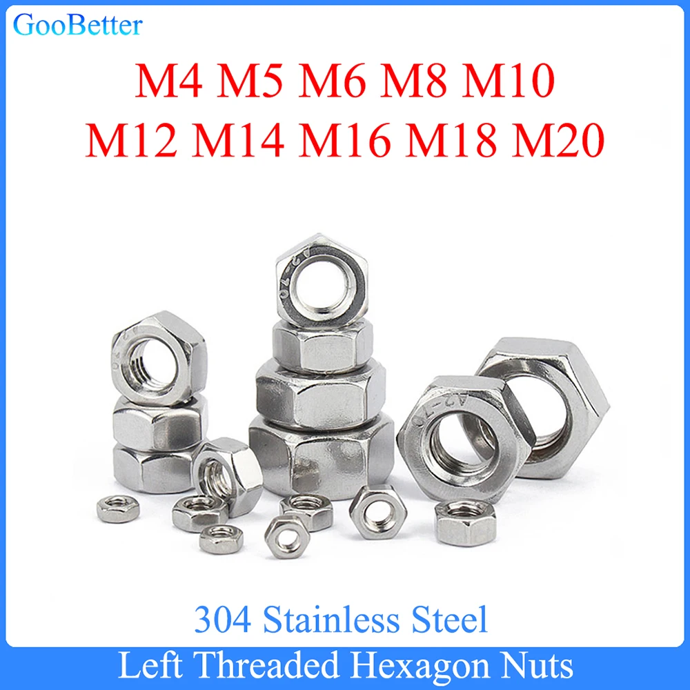 

1-20Pcs Left Threaded Hexagon Nuts M4 M5 M6 M8 M10 M12 M14 M16 M18 M20 Stainless Steel Hex Nuts For Screw And Bolt Fastener Tool