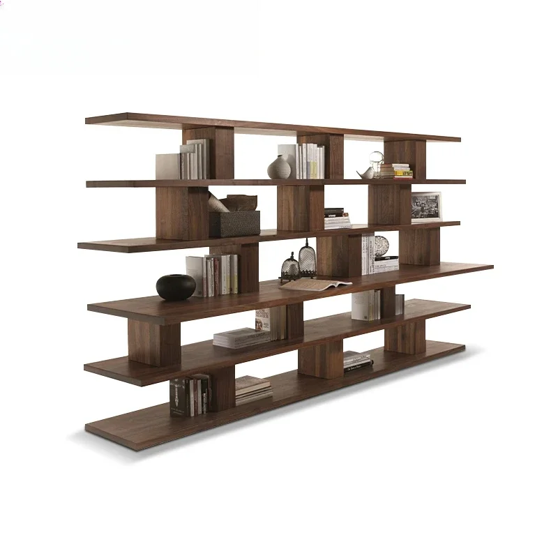 Black walnut floor-to-ceiling bookshelf, multi-layer open display shelf
