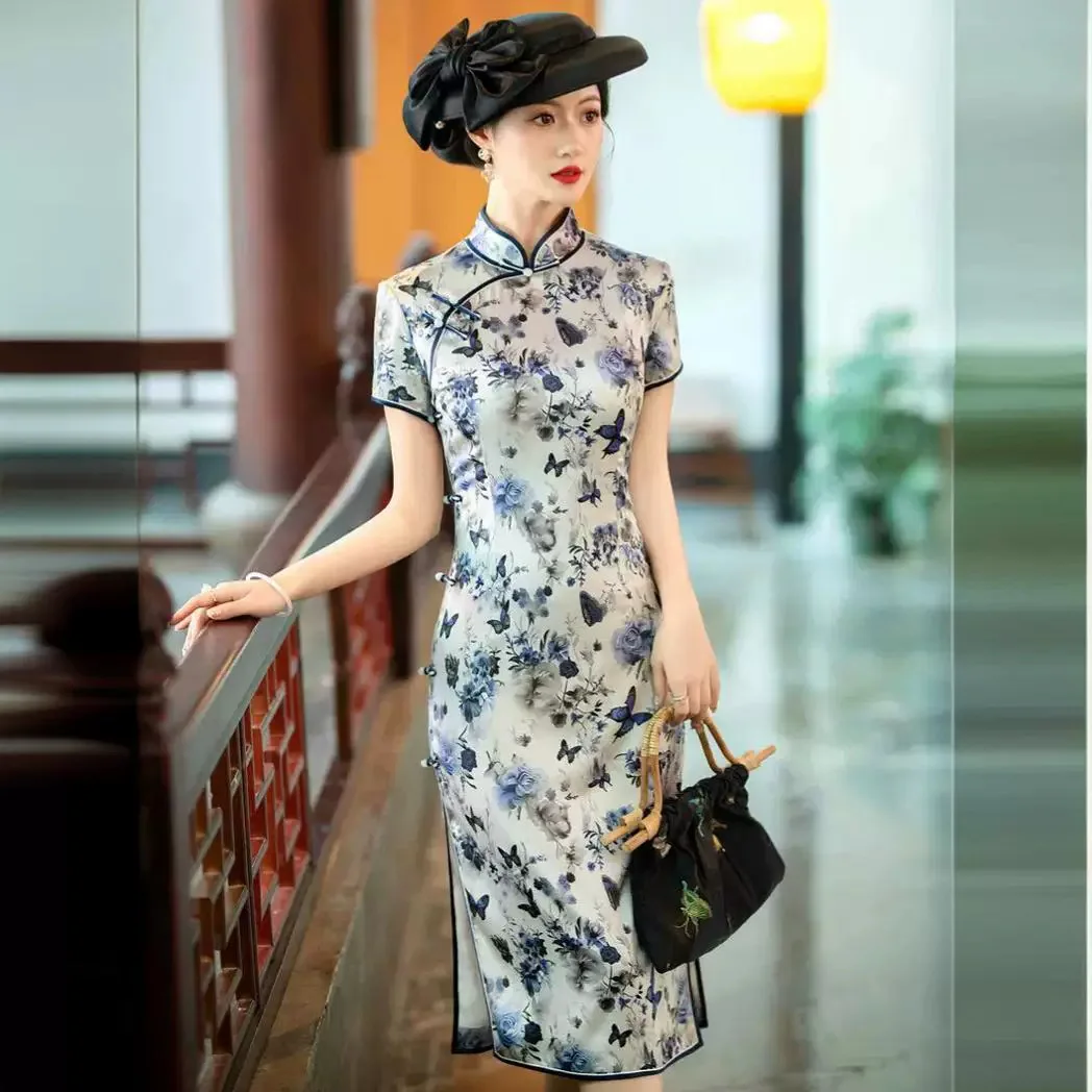 

Old Shanghai Quality Real Silk Cheongsam Qipao Summer Women's 2024 New Retro Chinese Dress Chi-Pao