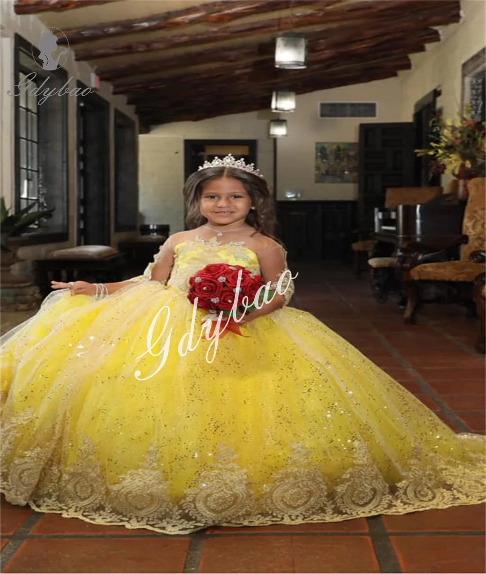 Yellow Girls Princess Dress 2025 Tulle Fluffy Flower Girl Dresses Lace Sparkling Communion Pageant Dress Custom Made Party Gown