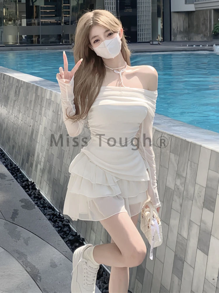 Aesthetic Sexy Fairy Two Pieces Set Women Y2k Slash Neck Tops + Solid Pleated Skirt Suit Female Korean Fashion Sweet Sets Party