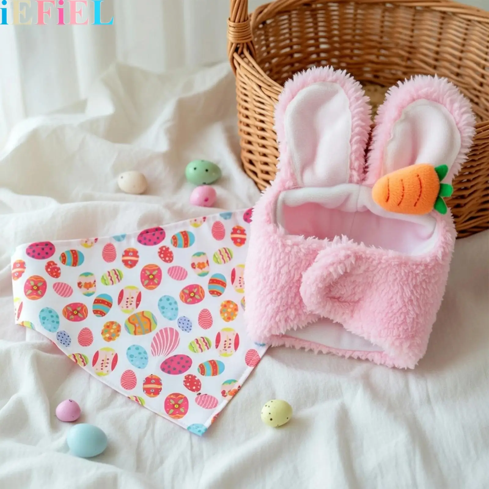 

2 Pieces Easter Bunny Porch Goose Outfits Adjustable Bunny Hat Colorful Egg Scarf Easter Decoration Lawn Garden Yard Decor