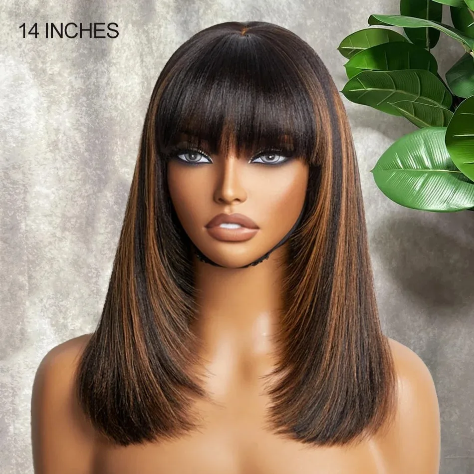 Perruque Bob courte droite avec frange pour femme, cheveux 100% humains, surbrillance brune, mettre et aller, Yaki réaliste, minimaliste, 3 bronchlace