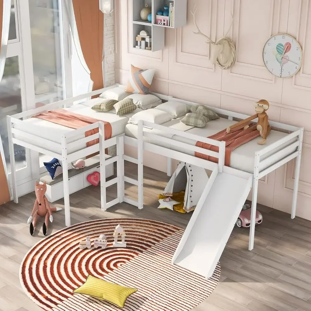 L-Shaped Kids' Loft Bed with Slide, Twin Beds, Built-in Ladders, White Finish