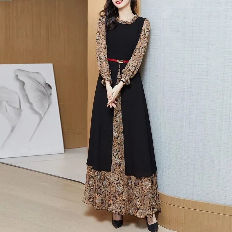 Spring Autumn Female Round Neck Dress Korean Ladies Fashion Long Sleeves Long Dresses Women Chiffon Large Size 4XL Maxi Dress