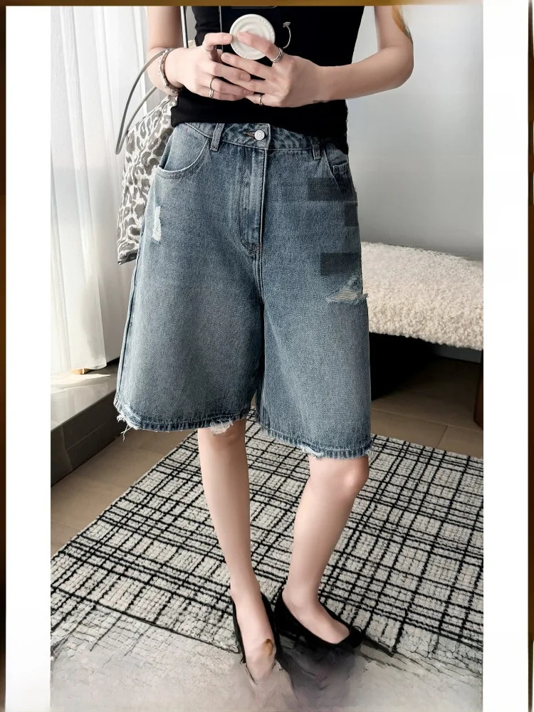 

MeiYang Denim Shorts Washed out Threadbare Frayed Vintage Style High Waist Casual Loose Fit Summer Ladies Jeans Shorts
