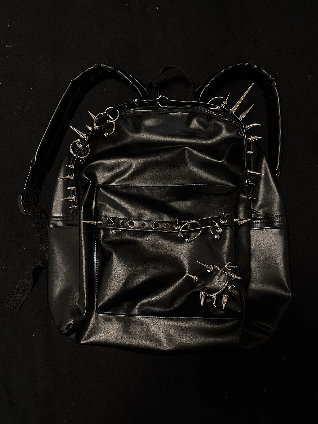 Punk Rivet Hole Punching Black Leather Double Shoulder Bag PLAYSONGS Opium Unisex Large Size Backpack Zipper Closure PU Material