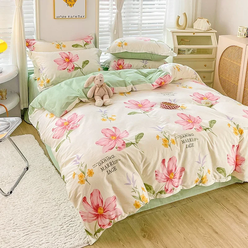 Pink Flowers Cotton Duvet Cover Set Queen Botanical Floral Bedding Set Pastoral Farmhouse Comforter Covers Reversible Sage Green