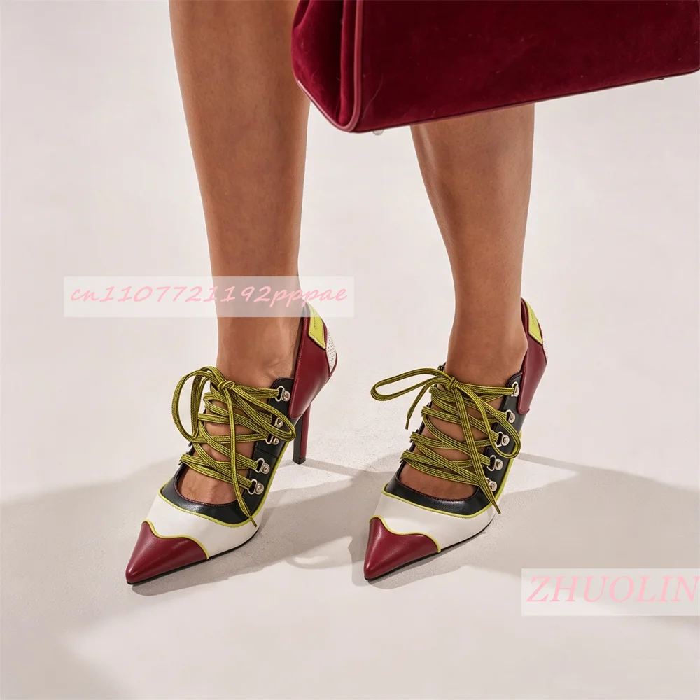 Women Lace Up Pumps Pointed Toe Stiletto Heel Shoes Color Block Red Black White Fashion Statement Party Evening Vintage Footwear