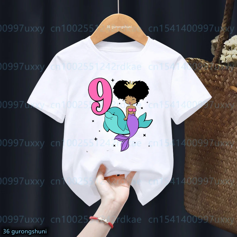 Kawaii Girls T-Shirt funny Dolphin And Black Girls Tshirt 1-9 Birthday numeral Print Tshirt For Kids Custom Name