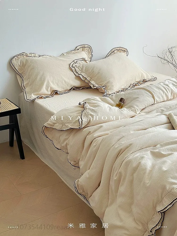 Miya Japanese Cotton Gauze 4Pcs Bedding Set Ruffle Duvet Cover Soft Breathable
