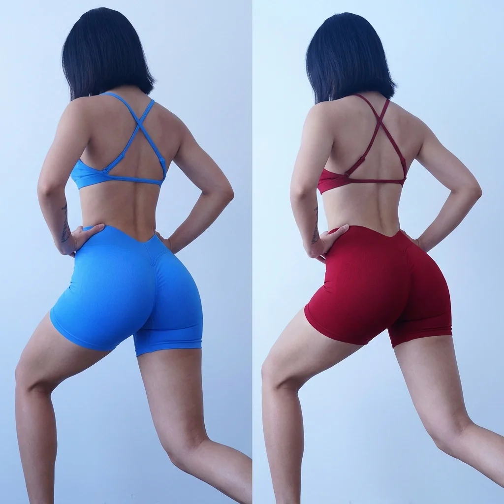 Nahtloses, schnelltrocknendes Fitness-Set für Damen: Sport-BH und Hüftstraffende V-Taille Yoga-Shorts, Pilates-Trainingskleidung, Gym-Set – Detail 6
