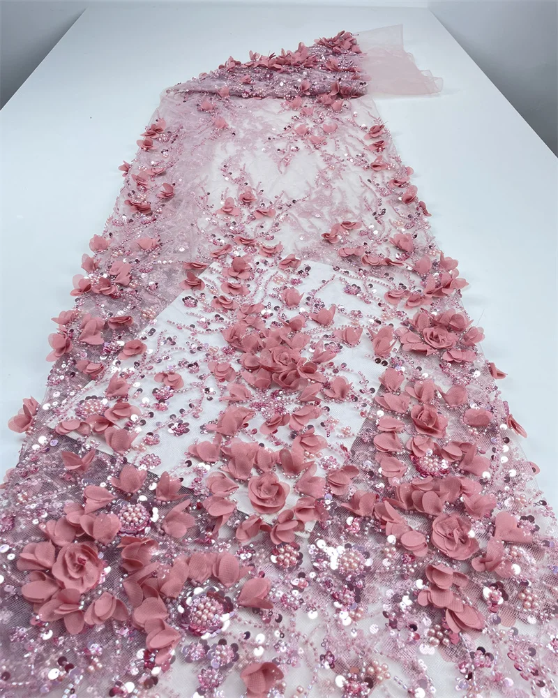 

Новейшая африканская кружевная ткань с 3D цветами, Дубайская тюль с блестками, кружевная ткань, вышитая бисером, аппликация, нигерийская ткань для шитья платья