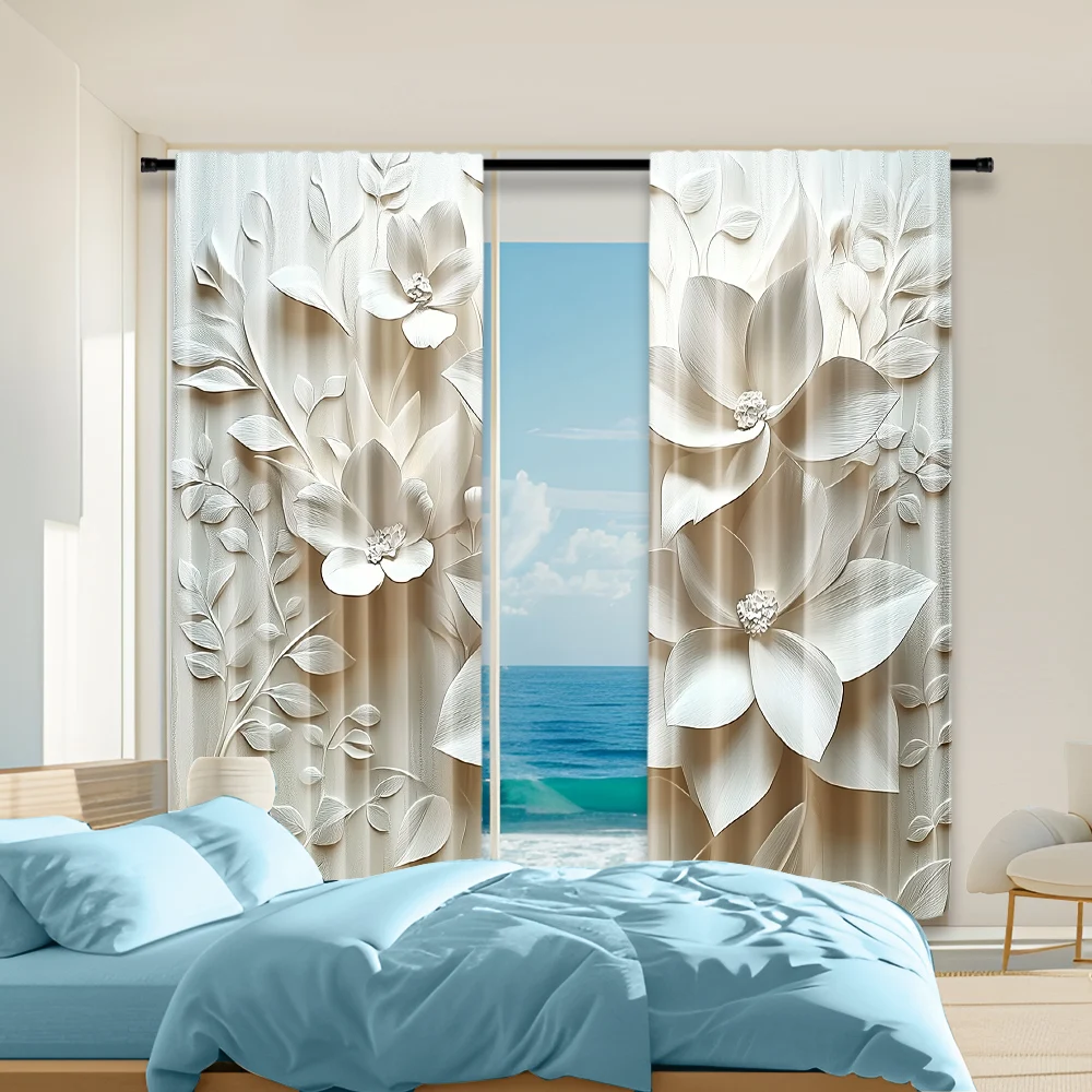 

2Pcs Art Deco Floral Print Curtain Panels Machine Washable Light-Filtering Drapes Polyester Decorative With Rod Hole Bedroom
