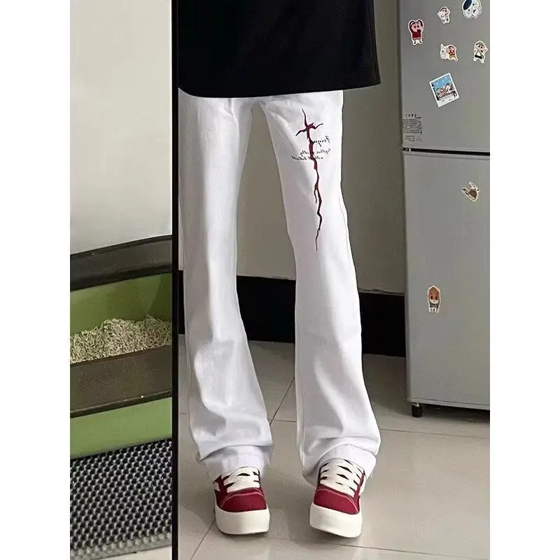 

y2k Модные повседневные брюки с флэш-принтом High Street Американские мужские джинсы Мужские облегающие прямые джинсы Микро расклешенные брюки