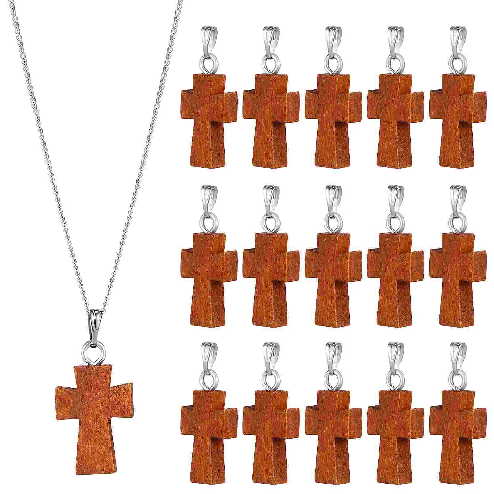 15 Pcs DIY Small Wooden Cross Pendant (brown) Pack Friendship Necklace Beads Charms Travel