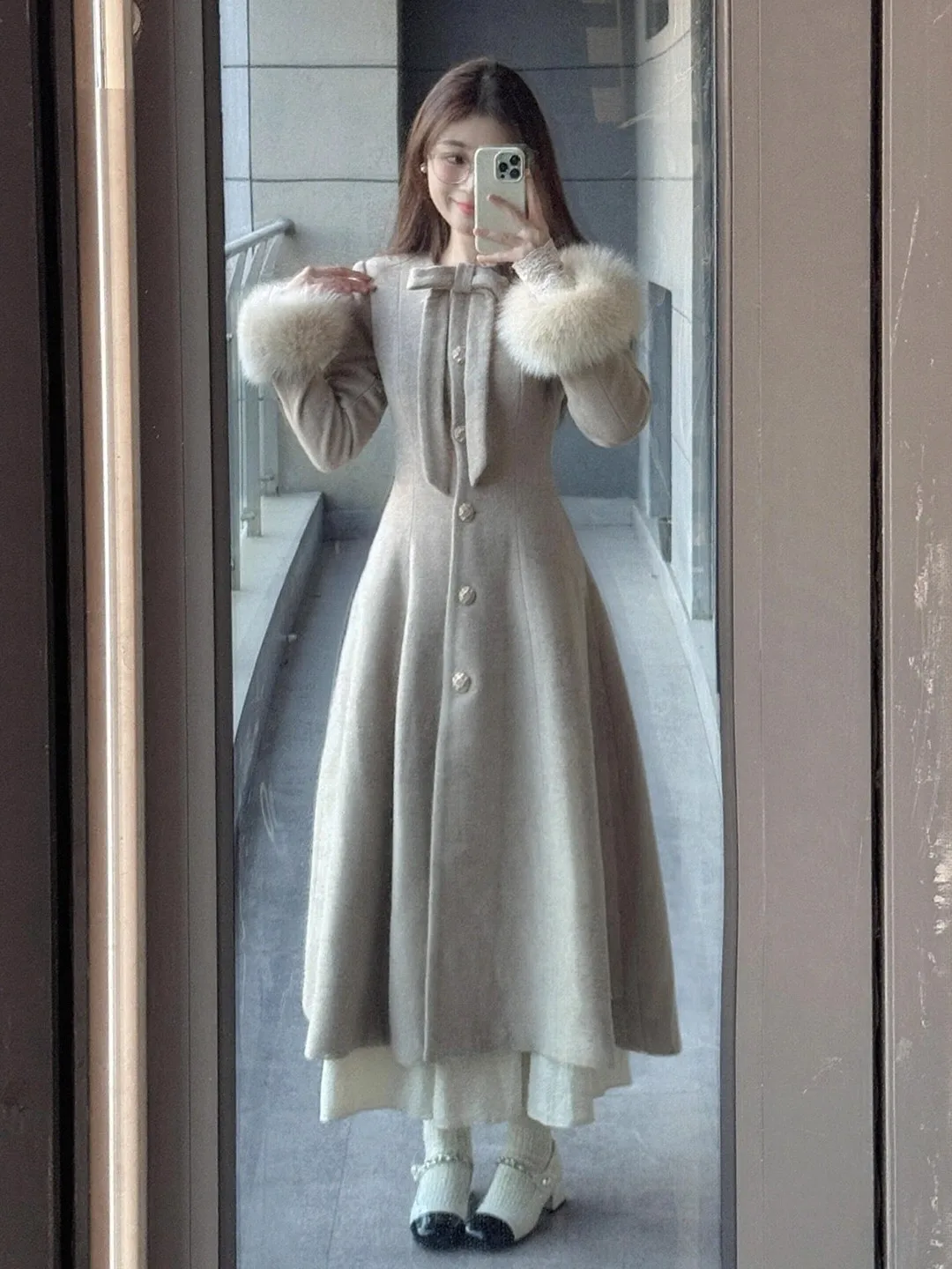 معطف المرأة الفرنسية مزاجه نمط طويل الخصر Cinched الفراء كم معطف الخريف الشتاء جديد بلون الراقية معطف الصوف #2