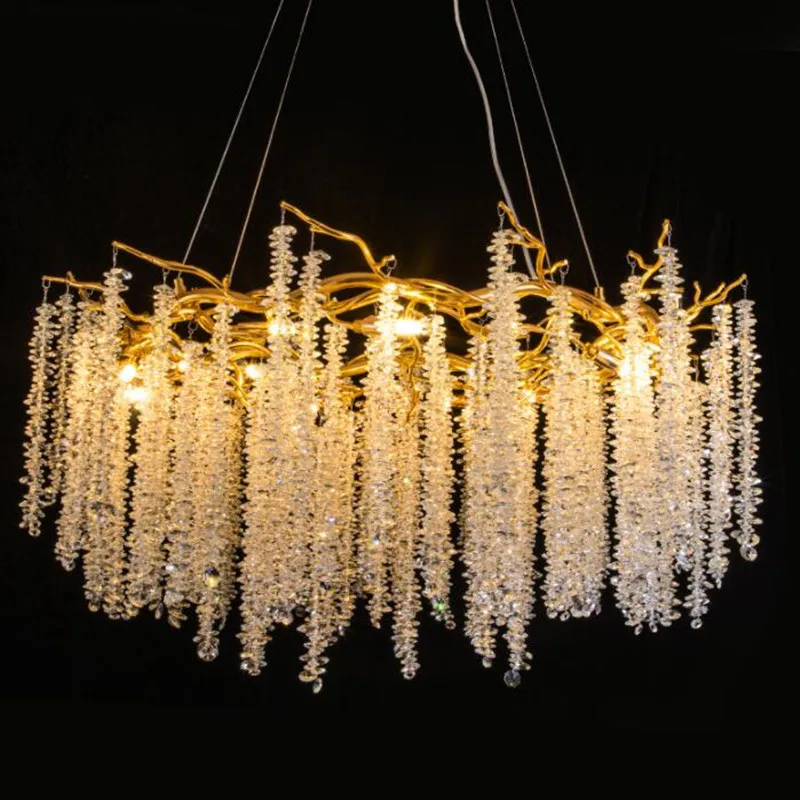 

Europe Style Long Ceiling Chandelier Crystal Simple Branch Dining Room Lighting Aluminum Luxury Tassel Glass Round Chandeliers