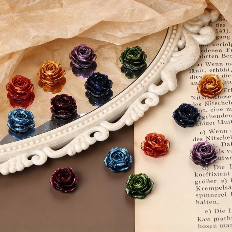 50pcs Metallic Shimmer 3D Rose Resin Nail Charms Vintage Glitter Flatback Flower Nail Art Decorations DIY Manicure Accessories