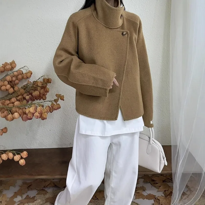 Temperament Trendy Shoulder Sleeves Double-sided Wool Coat Women's Autumn and Winter Models Age-reducing Thin Design Woolen Coat