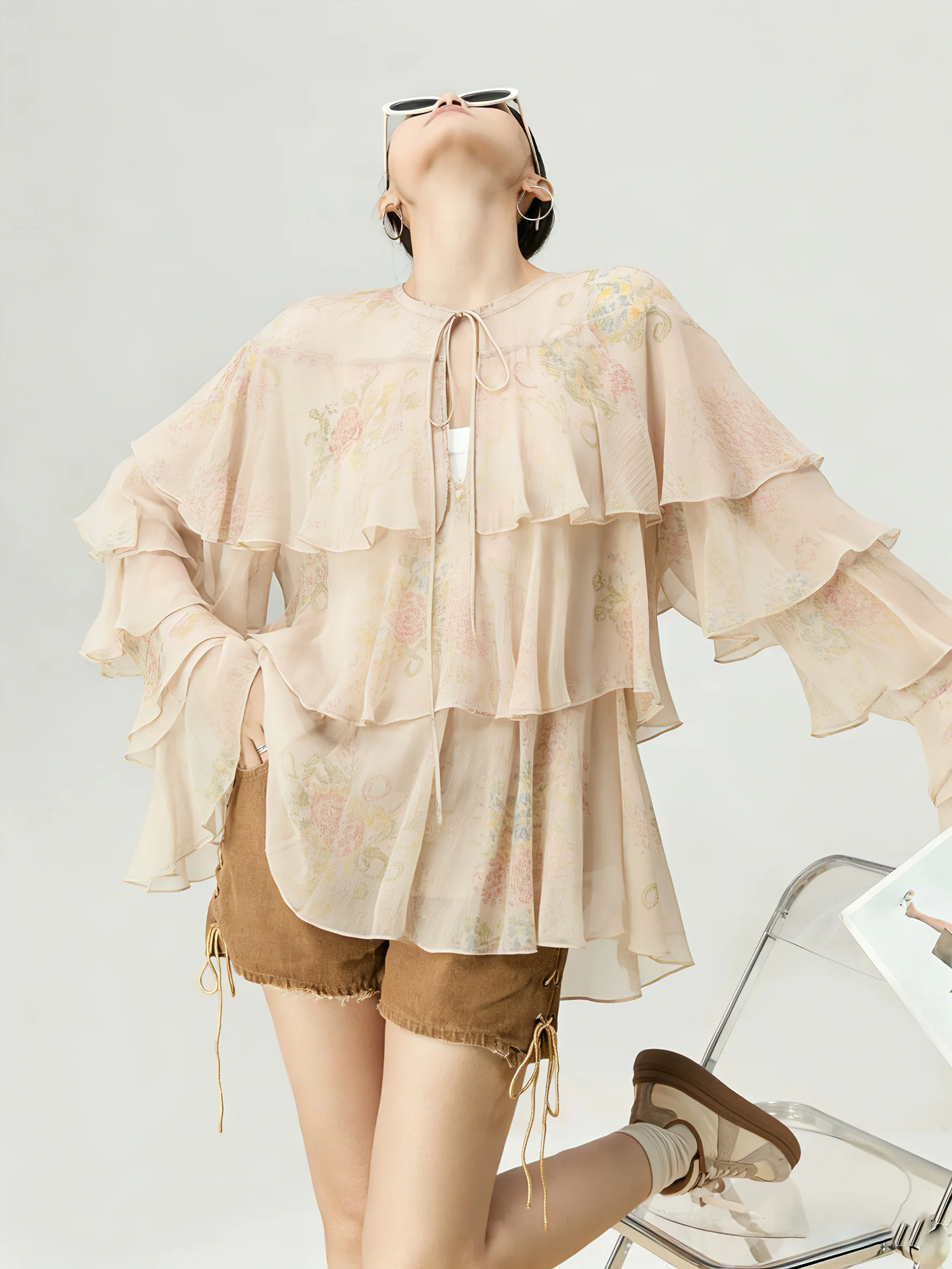 

Elegant Pink Floral Print Chiffon Shirt with Tie Blouse Women's Casual Loose Fit Long Sleeve round Neck Top Spring 2026