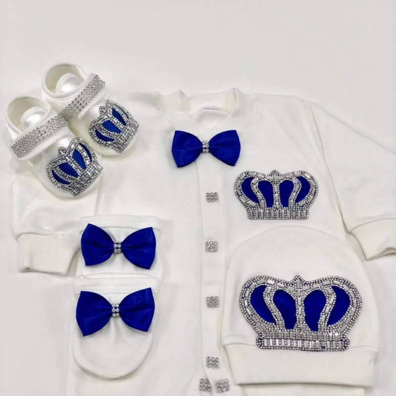 Footed Romper Newborn 0-9 Months 4 Piece Set White Blue Crown Bow Prince Royal Boutique Baby Shower Gift With Hat Mittens Shoes