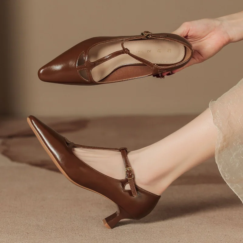

Pointed-toe high-heeled shoes for women, vintage brown breathable Mary Jane shoes, new autumn and winter style to match skirts