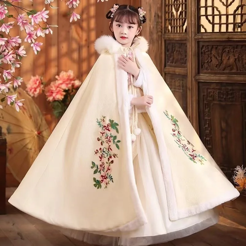 Outono inverno engrossar meninas bordado capa tradicional chinês hanfu exterior robe sorte ano novo crianças palco desempenho capa