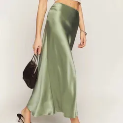 Women Elegant All-match Solid Or Printed Simple Casual 100% Silk Long Skirt