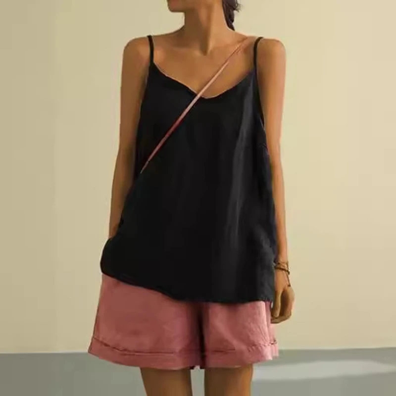 Damen Sommer-Top aus Baumwolle und Leinen, Spaghettiträger-Top, Damen Neckholder mit V-Ausschnitt, Einfarbiges Ärmelloses Tanktop, Locker Sitzendes Casual-Cami – Detail 6