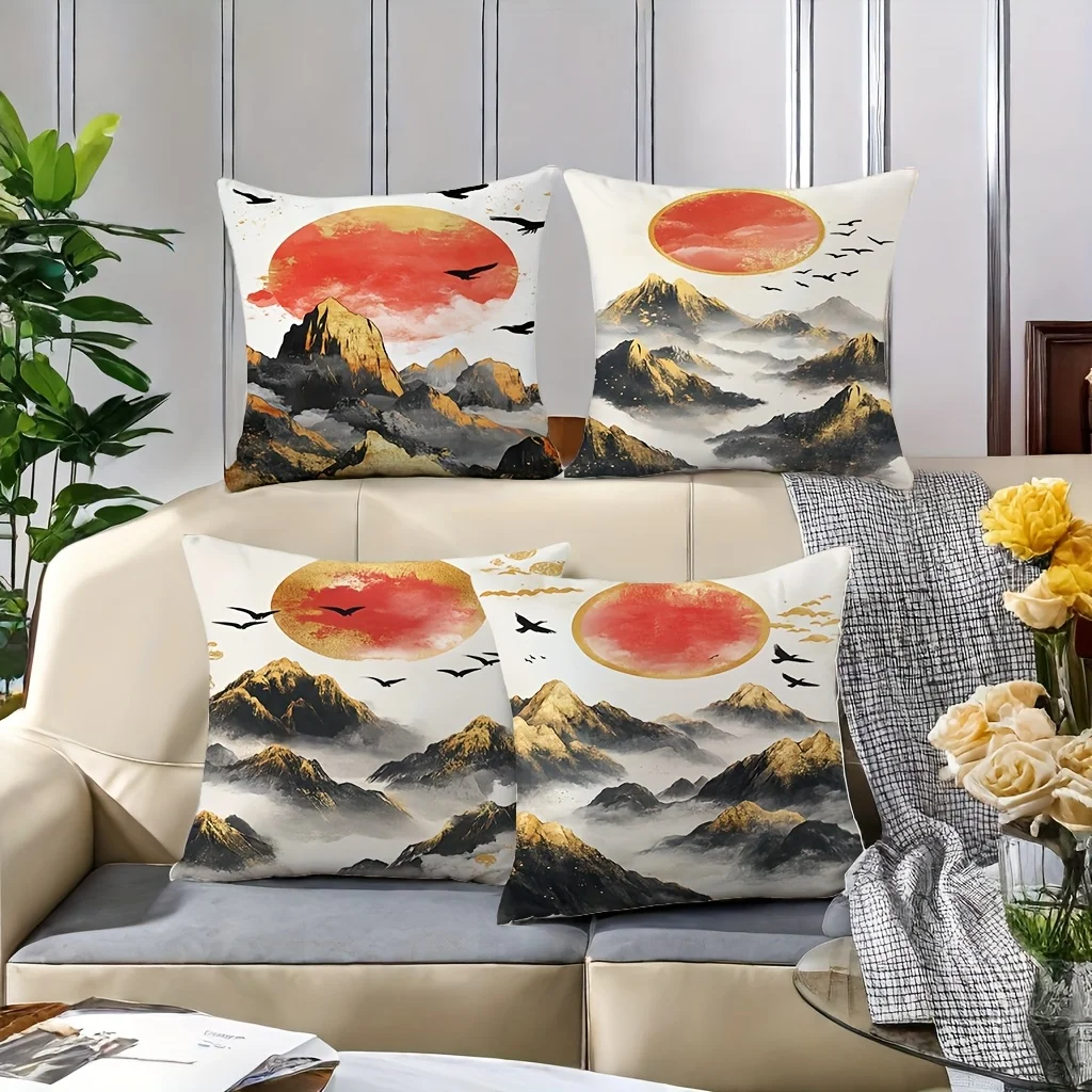 4pcs Sunrise Mountain and Birds Single-sided printing Short plush Suitable living rooms bedrooms sofas (excluding pillow cores)
