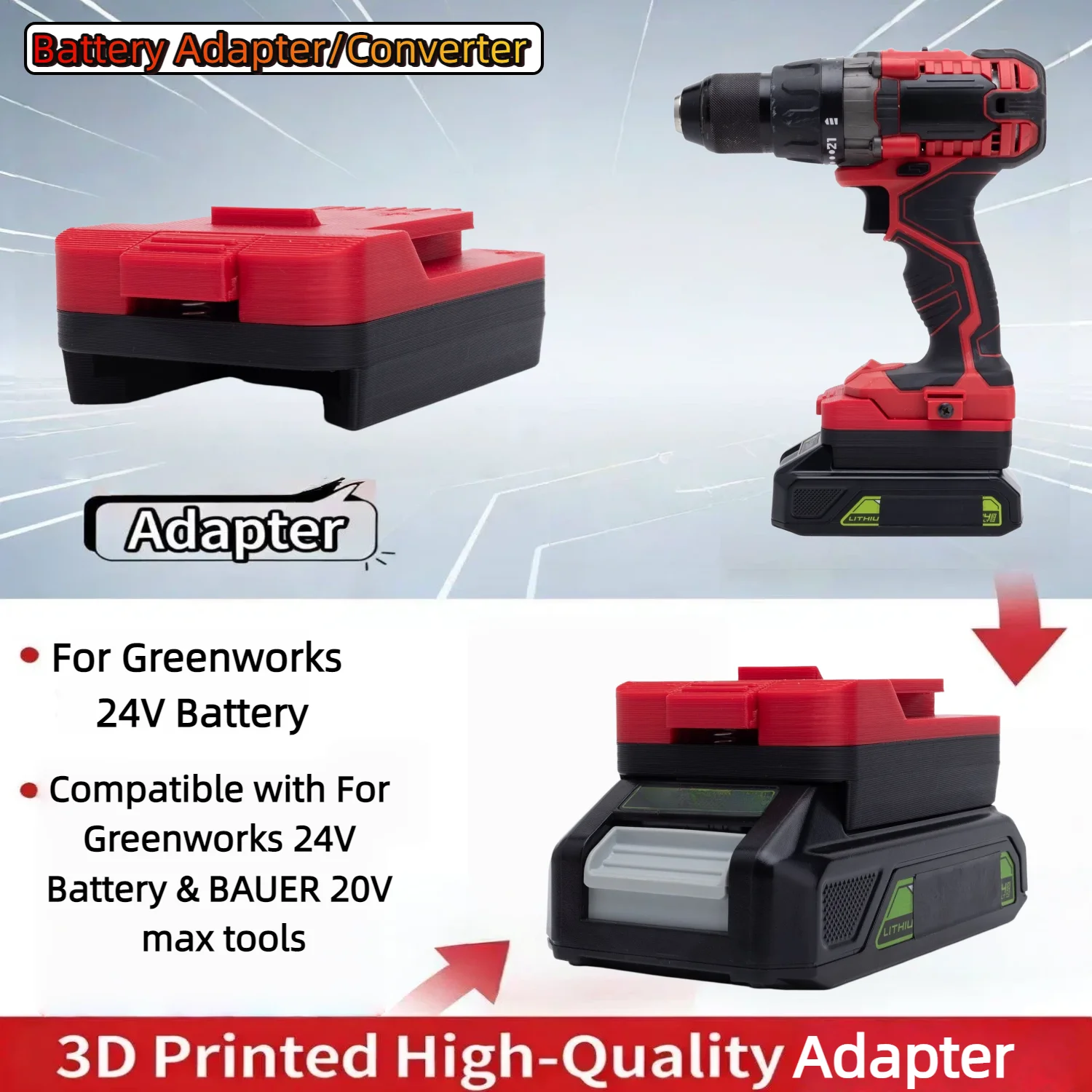 

Адаптер/конвертер для аккумуляторов Greenworks 24V Series Li-ion, совместимый с аккумуляторами для беспроводных электроинструментов BAUER 20V Max (только адаптер)