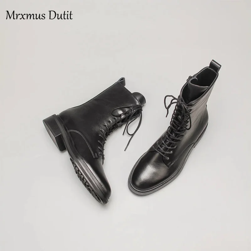 Mrxmus Dutit 2024 Autumn Winter Fashion New Women Genuine Leather Lacing Flat Short Boots Round Head Simple Casual Short Female