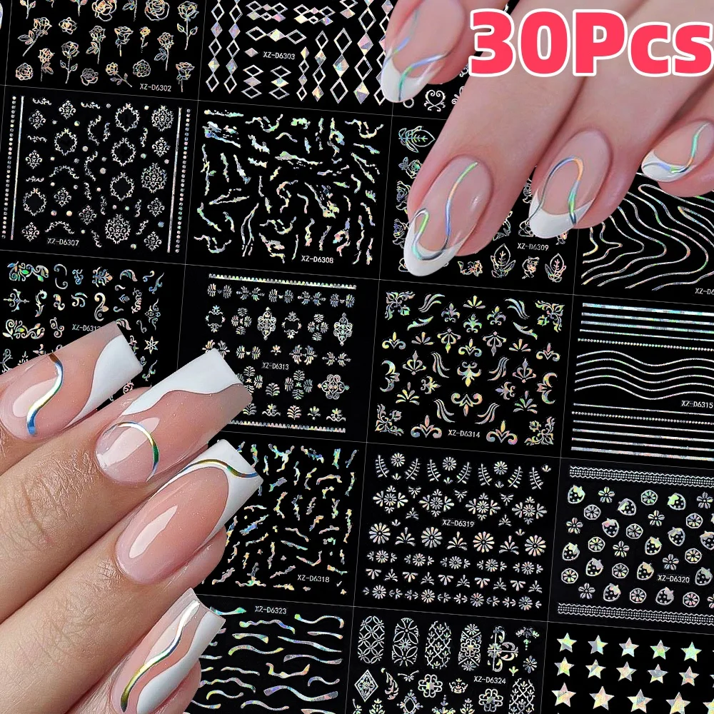 30 Stücke 3D Laser Silber Französisch Linie Blume Nagel Aufkleber Klassische Blumen Totem Kleber Nägel Abziehbilder DIY Maniküre Sliders 5,4*6,2