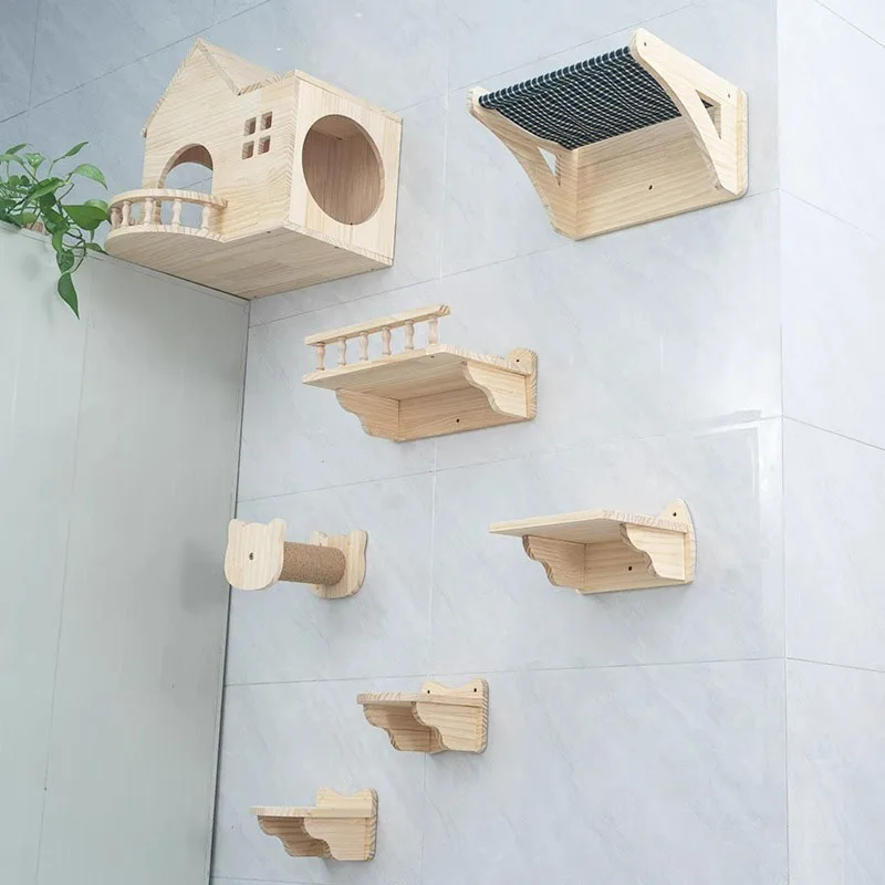 Wall Mounted Solid Wood Climbing Frames Set Scratching Post Tree Cats Hiding House Pets Beds and Furniture Cats Toys Accessories