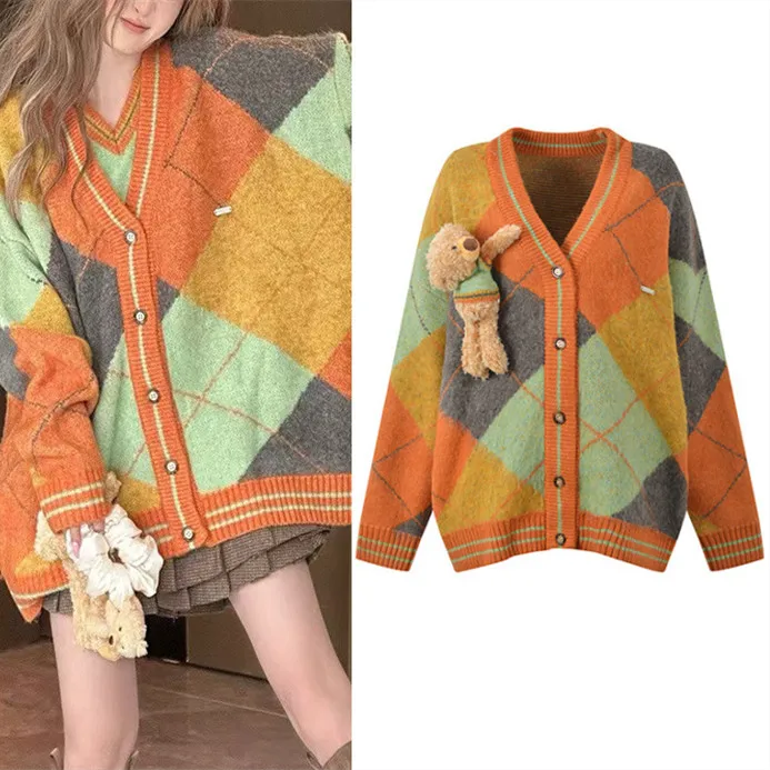 

High-End European Sle Bear Doll Design Knitted V-Ne Sweater Jaet Women's Faion Set Two-Piece Vest Cardigan Combo